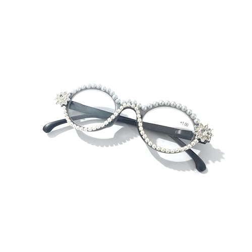 Pearl Rhinestone Reading Glasses For Women Men Sparkling Round Crystal Bling Blue Light Blocking Reader Y05 (GREY, 2.75, x)