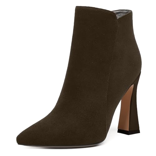 MERRORI Womens Pointed Toe Zip Suede Evening Dress Spool High Heel Ankle High Boots 4 Inch