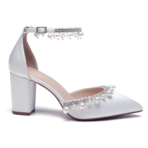 Closed Toe Pearl Wedding Shoes for Bride High Heels Ankle Strap Strappy Block Heels Bridal Shoes Satin Shoes Pumps4