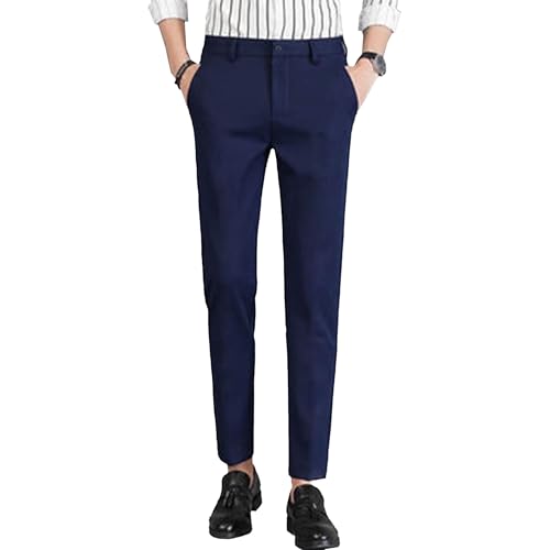 Mens Flat Front Tapered Dress Pants Casual Trousers Straight Fit Men Pant Mens Slim Fit Business Suit Pants Blue