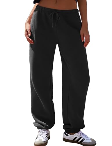 Ugerlov Women's Fleece Lined Sweatpants Baggy Low Rise Lounge Sweat Pants Casual Fall Winter Drawstring Joggers with Pockets, Black M