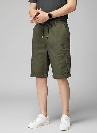 Image of Men Cargo Shorts with Drawstring Waist, Side Flap Pockets, Knee Length, Casual Style, Men Shorts || Cotton Short for Men || with Pocket Style (in, Numeric, 34, Regular, Dark Green)