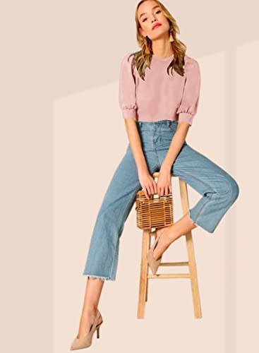 Image of Dream Beauty Fashion Women's Puff Sleeve Round High Neck Top Balloon Bishop Sleeve Elegant Casual Tee (23 inch Inches)- (Top Sofia P)