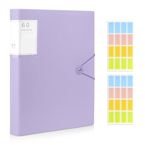 ‌Shpucise A4 Display Folder, 60 Pockets Display Book Folders with Plastic Sleeves & Safety Rope, Presentation Folders for Documents, School, Office & Business Project Use (Light Purple)