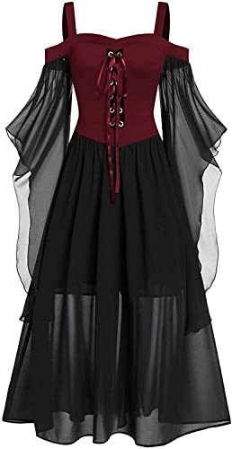 Fwflyaway Halloween Women's Vintage Cold Shoulder Dresses,Plus Size Medieval Gothic Skeleton Print Lace Bandage Sling Swing Midi Tunic Dress(Red,Xx-Large) #TOP6