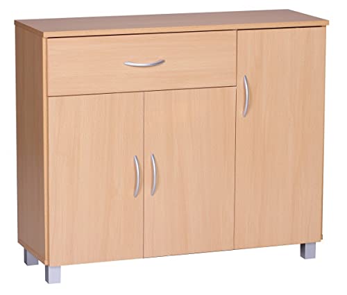 möbelando Sideboard SETE Buche mit 1 Schublade & 3 Türen 90 x 75 x 30 cm | Design Kommode aus Holz | Anrichte Flur-Schrank mit Griffen