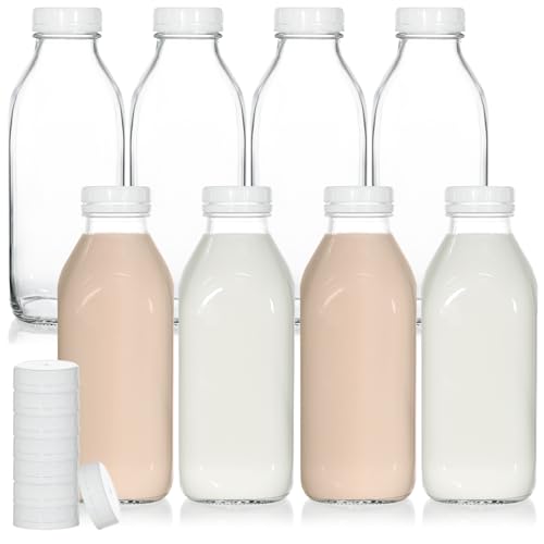 Image of KEYWING 8 Pack 32oz Glass Milk Bottles with Airtight Lids – Reusable, Leak-proof Containers – Dishwasher Safe, Food Grade Glass Bottles – Ideal for Milk, Juice, Water, and Fridge Storage