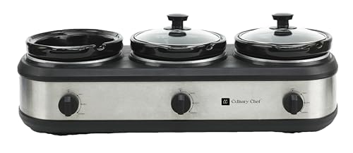 CULINARY CHEF, Triple Slow Cooker, Buffet Server 3 Pot, Food Warmer - Stainless