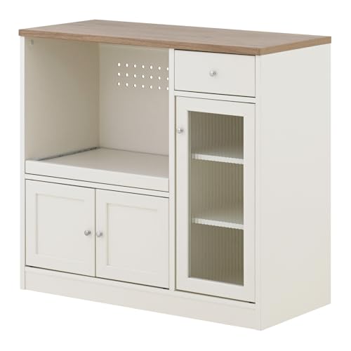 食器棚 ロータイプ 幅88cm レンジ台 コンセント付 大型レンジ対応 レンジボード キッチンカウンター キッチンボード シンプル コンパクト かわいい スライド おしゃれ LUFFY LU80-90L (オフホワイト×グレーナチュラル)