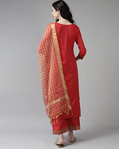 Image of INDO ERA Women's Cotton Blend Yoke Design Straight Kurta with Pant & Dupatta Set