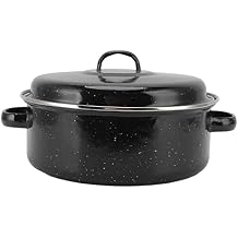 Covered Round Roaster, Non Stick Roasting Pan With Lid and Shelf, Speckled Black Large Capacity Multi Use Roaster Pan, Enamel Broiler Pan for Turkey, Meat, Vegetables, Sweet Potatoes, Chestnuts26cm