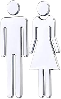 Toilet Sign, 1 Pair Silver Self-Adhesive Man and Women Toilet Door Signs Wall Stickers for Hotel, Store, Parking Lot, Shopping Center, Restaurant, Bathroom (12CM)