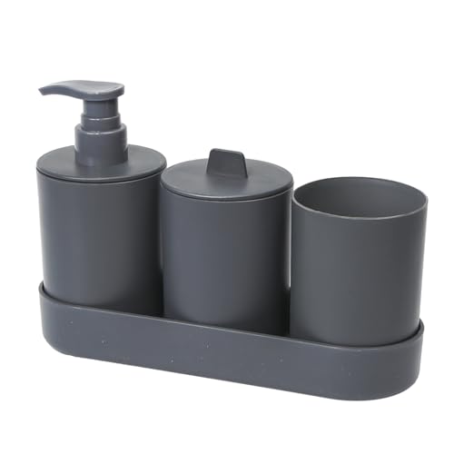 HooySprs Bathroom Accessory Set, 4-Piece Bathroom Set with Lotion Soap Dispenser, Toothbrush Holder, Toothbrush Cup, Cosmetic Wipes, Cotton Swab Storage and Vanity Tray, Modern Bathroom Decor (Grey)