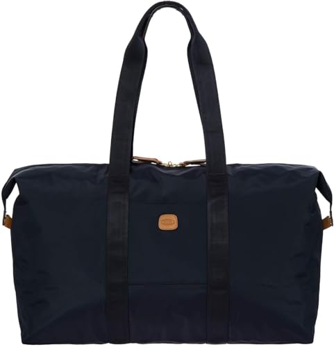 Bric’s X-Bag/X-Travel 2.0 Overnight Weekender Duffel, Water-Resistant Folding Carry-On with Leather Trim, Removable Shoulder Strap and Pass-Through Sleeve - Mini Bag Included – 22 Inch, Navy