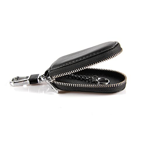 Amiss-Car-Key-Case-Universal-Key-Fob-Cover-Case-Key-Fob-Protector-Genuine-Leather-Car-Smart-Key-Chain-Keychain-Holder-Metal-Hook-and-Keyring-Zipper-Bag-for-Remote-Key-Fob-Black