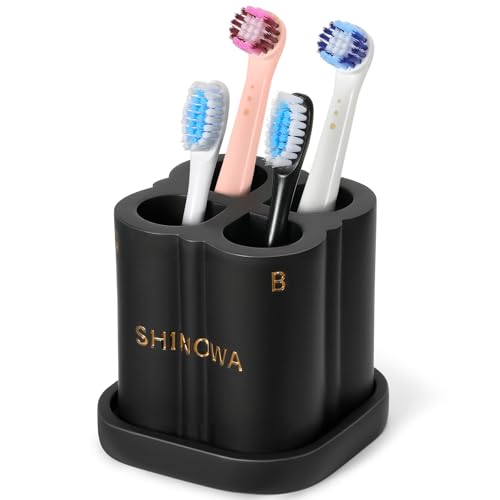 Shinowa Soporte para Cabezas de Cepillo de Dientes Eléctrico para Baño, Soporte de Resina con Bandeja Desmontable, Organizador para 4 Cabezas de Cepillo de Dientes para Encimera de Baño, Negro Mate