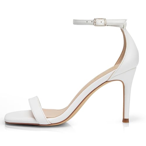 GENSHUO Women's Heeled Sandals Dressy Strappy Stiletto High Heels 3 Inch Square Open Toe Ankle Strap Buckle Sexy Prom Wedding Dress Shoes Ankle Wrap White Matte Size 6 by GENSHUO - Used condition - Image 4