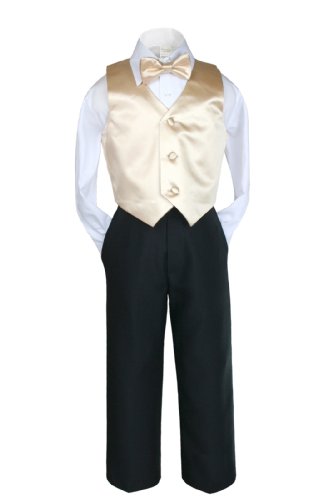 Unotux 4 Pcs Formal Boy Light Champagne Satin Vest Bow Tie Set Suit Baby to Teen (8)