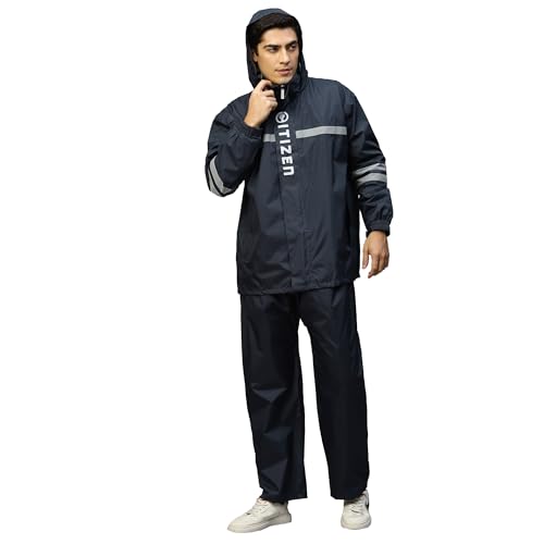 Image of Citizen Raincoat for Men with Adjustable Hood, Waterproof Pant and Carry Pouch | Reflective Strips Standard Length| Double Layered Tapping Rubberized Fabric | Durable & Lightweight Rainsuit