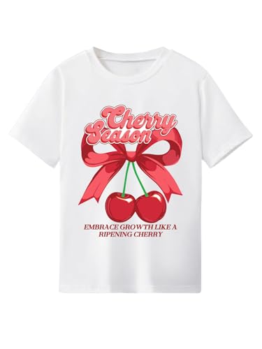 Verdusa Girl's Cute Cherry Shirt Short Sleeve Graphic Tees Crew Neck Going Out Tops