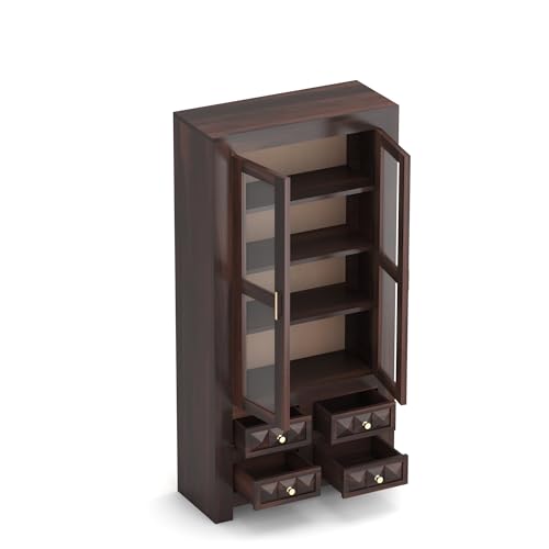 Image of Wood Books Shelf for Home Library | Book Shelf with Glass Door | Kitchen Crockery Cabinet Storag, Almirah, Study Room Furniture Book Rack, 4 Drawer, Walnut Finish