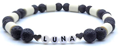 EM-Keramik Halsband für Hunde mit Namen – handgefertigt & personalisierbar – natürlich – Herzperlen Silber – individuell graviert