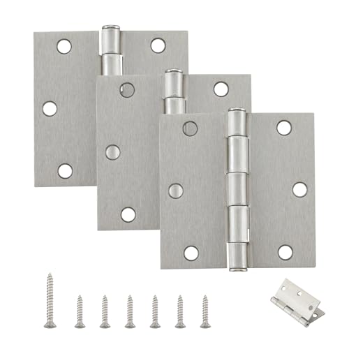 HOME MASTER HARDWARE 3 Pack Rounded Satin Nickel Door Hinges, 3.5 Inch Interior Door Hinges, Right-Angle Residential Bedroom Door Hinge for Office/Bedroom/Study Living Room