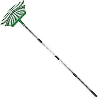 LMLMD Metal Garden Leaf Rake, Lawn Rake, Collect Loose Debris Among Delicate Plants Lawns and Yards, Head Detachable , Adjustable 97cm-164cm L (Green) with Garden Gloves