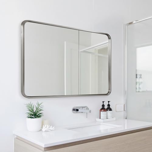 Image of ANDY STAR Brushed Nickel Bathroom Mirror, 40 inchX30 inch Satin Nickel Mirror for Vanity, Rounded Rectangle Mirrors in SUS304 Anti-Rust Tube Metal Frame, Wall Mounted Horizontal /Vertical 1'' Deep