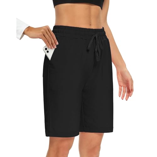 Runmeihe Women's Running Shorts with Pockets Summer Casual Lounge Sweat Jogging Ladies Wide Leg Bottoms for Sport Workout Hiking Gym Cycling Black