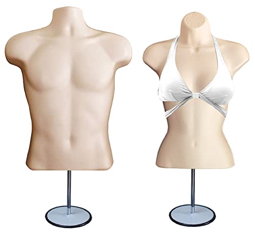 Flesh Male + Female Hollow Back Mannequin Torso Set w/Metal Stand with Metal Pole, S-M Sizes (1)