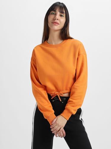 Image of JUNEBERRY Cotton Poly Fleece Regular Fit Pink, Purple Green & Orange Solid Full Sleeve Sweatshirt for Women