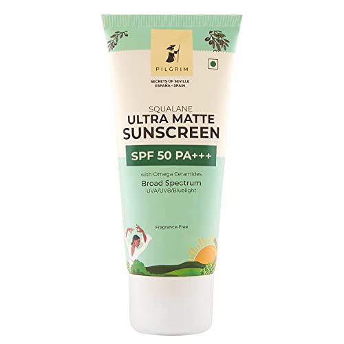 Pilgrim Squalane ULTRA MATTE SUNSCREEN SPF 50 PA+++ for women & men with Omega Ceramides & Vitamin E | Broad spectrum, Non-greasy, No white cast | All skin types | 50 gm
