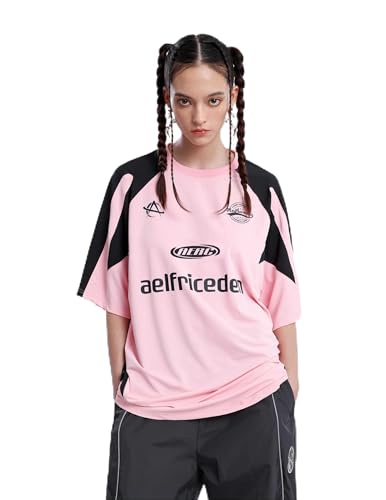 Aelfric Eden Men Colorblock T-Shirt Women Oversized Graphic Tees Unisex Casual T Shirt Streetwear Racing Tee Y2k Jersey Summer Tops Pink, L