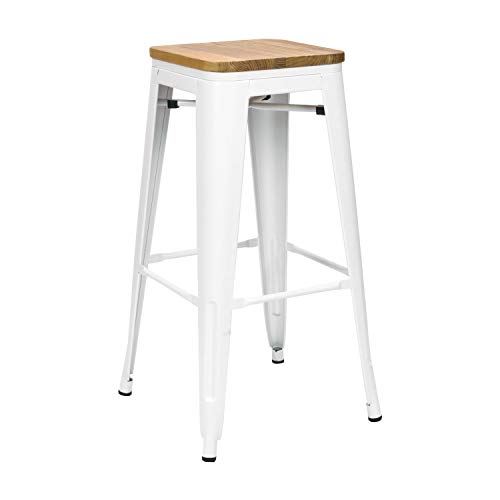 Vaukura Taburete Alto Oliix - Taburete Industrial Metálico Mate Asiento Madera (Blanco)