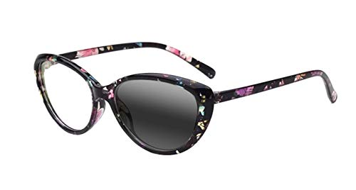 Progressive Multifocal Women Cat Eye Transition Photochromic Reading Glasses UV400 Protection Sunglasses (Black Flower, 2.50)