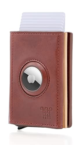 LAYNENBURG Porte Carte de Crédit pour AirTag - Compartiment Pièces de Monnaie - Fermeture Magnétique & Blocage RFID - Cuir véritable - Portefeuille Homme & Femme - Petit Porte-Monnaie (Marron foncé) Cover