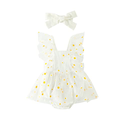 Image of Newborn Baby Girl Daisy Romper Sleeveless Lace Ruffle Dress Bodysuit One Piece Outfit