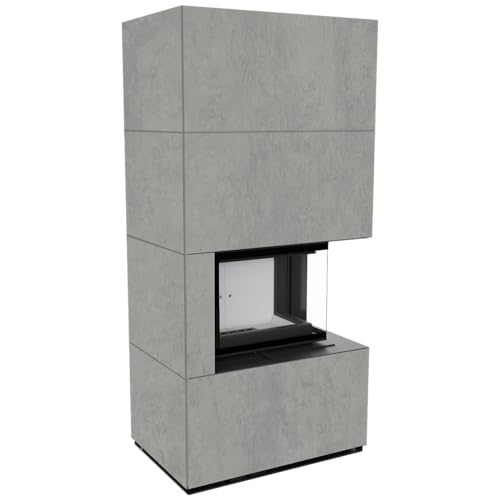 KRATKI Kaminbausatz Floki Box rechts 8 kW Ø 160 Quarzsinter Cemento Grigio BOCCIARDATA mit Türfeder