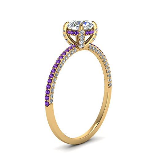 Image of Choose Your Gemstone Delicate Hidden Halo Diamond CZ Ring Yellow Gold Plated Round Shape Petite Engagement Rings Minimal Modern Design Birthday Gift Wedding Gift US Size 4 to 12