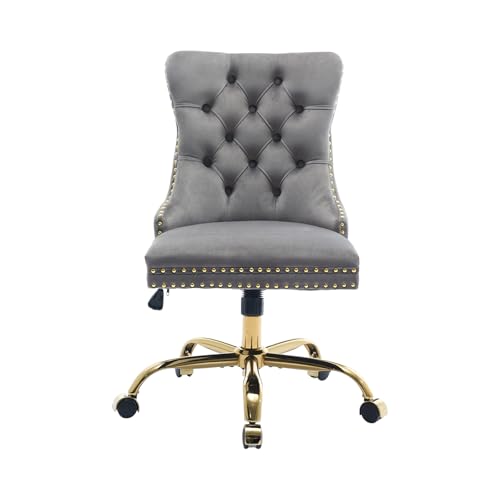 Grey Velvet Swivel Office Desk Chair with Wheels & Gold Base