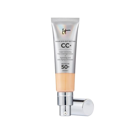 iT Cosmetics Full Coverage Foundation with SPF 50 Protection, Enriched with Hyaluronic Acid & Vitamin E, Your Skin But Better CC+ Cream, Shade: Medium, 32ml