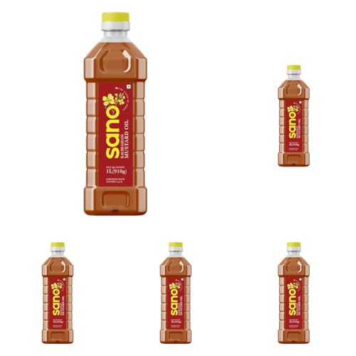 Image of Sano Pure & Fresh Kachi Ghani Mustard Oil - 1 Litre Pet Bottle | High Pungency | Rich in Omega-3 | 100% Natural | Authentic Indian Cooking Oil | Boosts Heart Health (Pack of 5)
