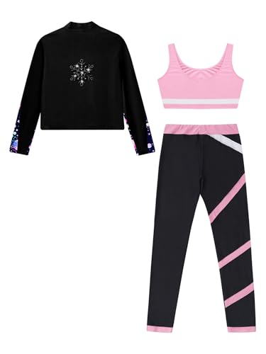 Kid 3 Pieces Girl Sports Dance Outfit Crop Tank Top with Athletic Leggings and Long Sleeve Jacket Set Tracksuit4