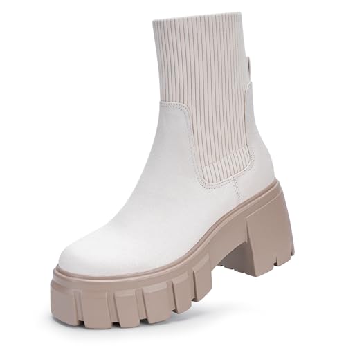 FITORY Women's Chelsea Platform Ankle Boots Lightweight Elastic Chunky Heel Lug Sole Trendy Booties Beige Size 7.5