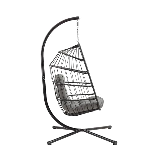Hanging Egg Chair Black Rattan Swing Garden Hammock Folding Seat Furniture With 15cm Thick Cushion Steel Stand 150kg Weight Capacity Outdoor Indoor Patio Balcony UV Resistant FREE Waterproof Zip Cover 2 Hanging Egg Chair Black Rattan Swing Garden Hammock Folding Seat Furniture With 15cm Thick Cushion Steel Stand 150kg Weight Capacity Outdoor Indoor Patio Balcony UV Resistant FREE Waterproof Zip Cover - Image 2
