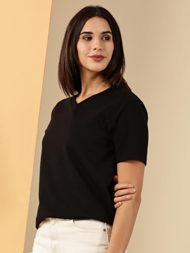 Image of Women's Pure Cotton Relaxed Fit V-Neck Half Sleeve T-Shirt | Gym Wear Casual Look T-Shirt | Regular Fitting with Comfort Wear for Women