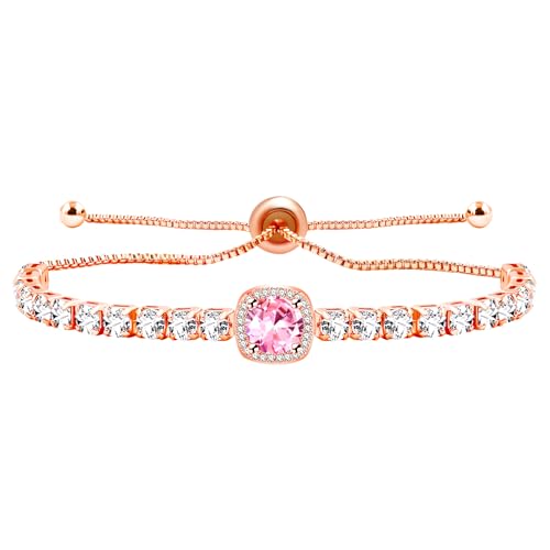 Image of Rose Plated Gold Brass Box Chain Cubic Zirconia Classic Tennis Slider Adjustable Bracelet, Round Big Zircon Charm Give Woman Mom Mother's Day Fashion Crystal Gift