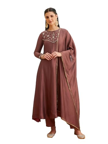 Image of MOKOSH Women's Silk Hand Work Anarkali Kurta Pant with Dupatta | Anarkali Kurta Pant | Embroidered | Round Neck Full Sleeve | 3 Piece Outfit | Ethnic Wear
