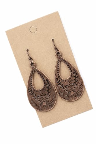 Floral Stamped Teardrop Dangle Copper Earrings